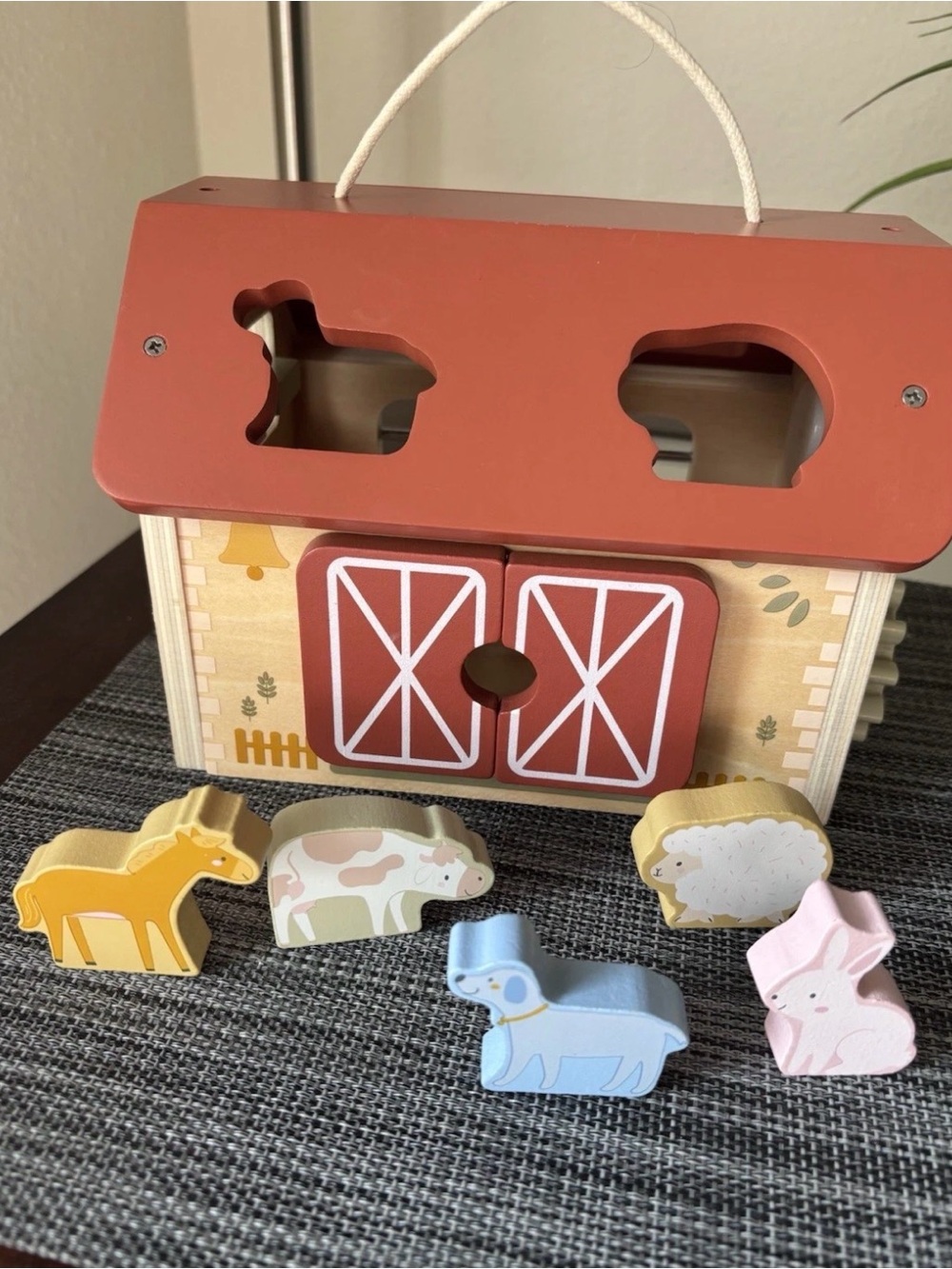 Wooden Farm Animal Shape Sorter Toy - Rust Roof, Multi-Animal Set